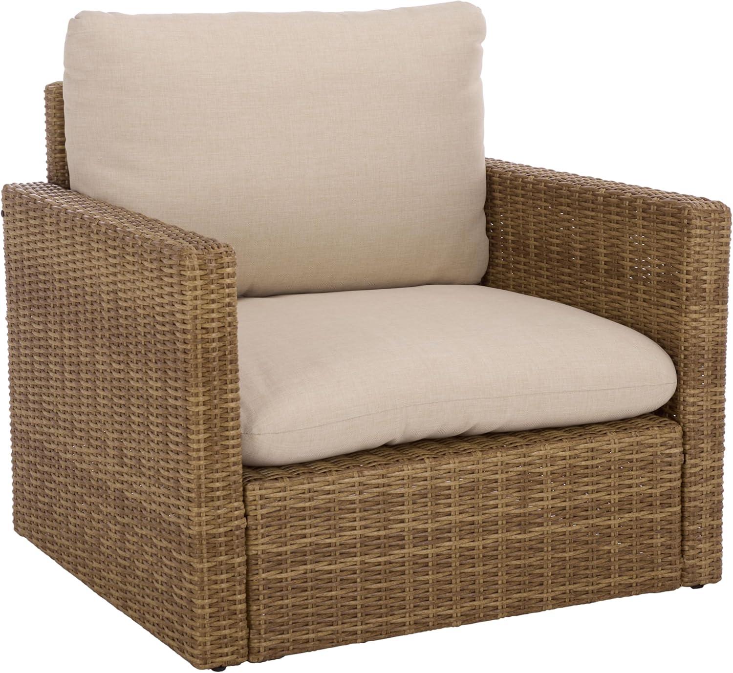 image:imageSAFAVIEH Outdoor Patio Furniture Collection Emma Rattan amp Cushion Armchair Modern Outdoor Lounge Seating PAT7563NaturalTaupe