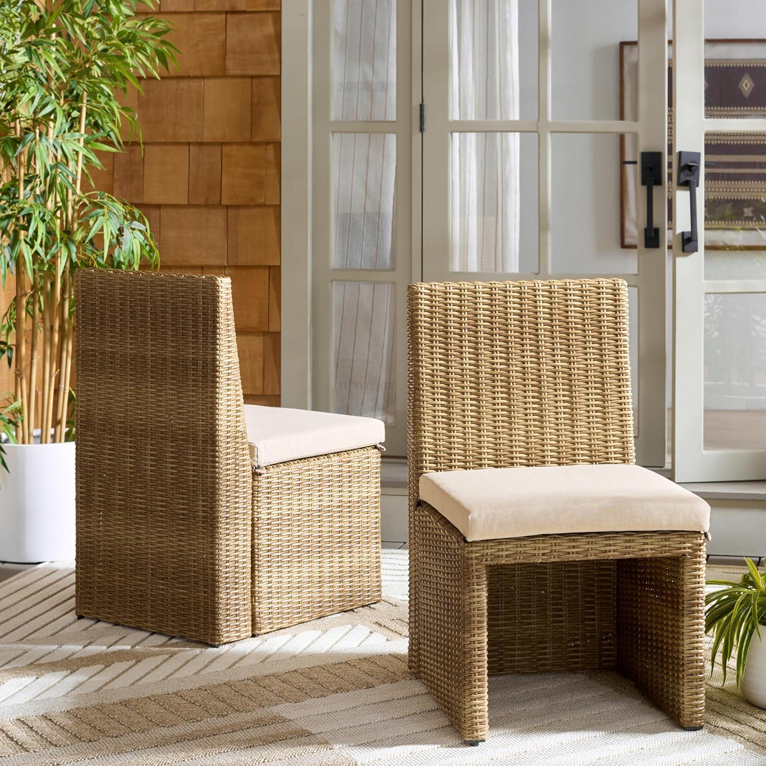 image:imageSAFAVIEH Outdoor Patio Furniture Collection Emma Rattan amp Cushion Dining Chair Modern Woven Outdoor Seating PAT7565NaturalTaupe
