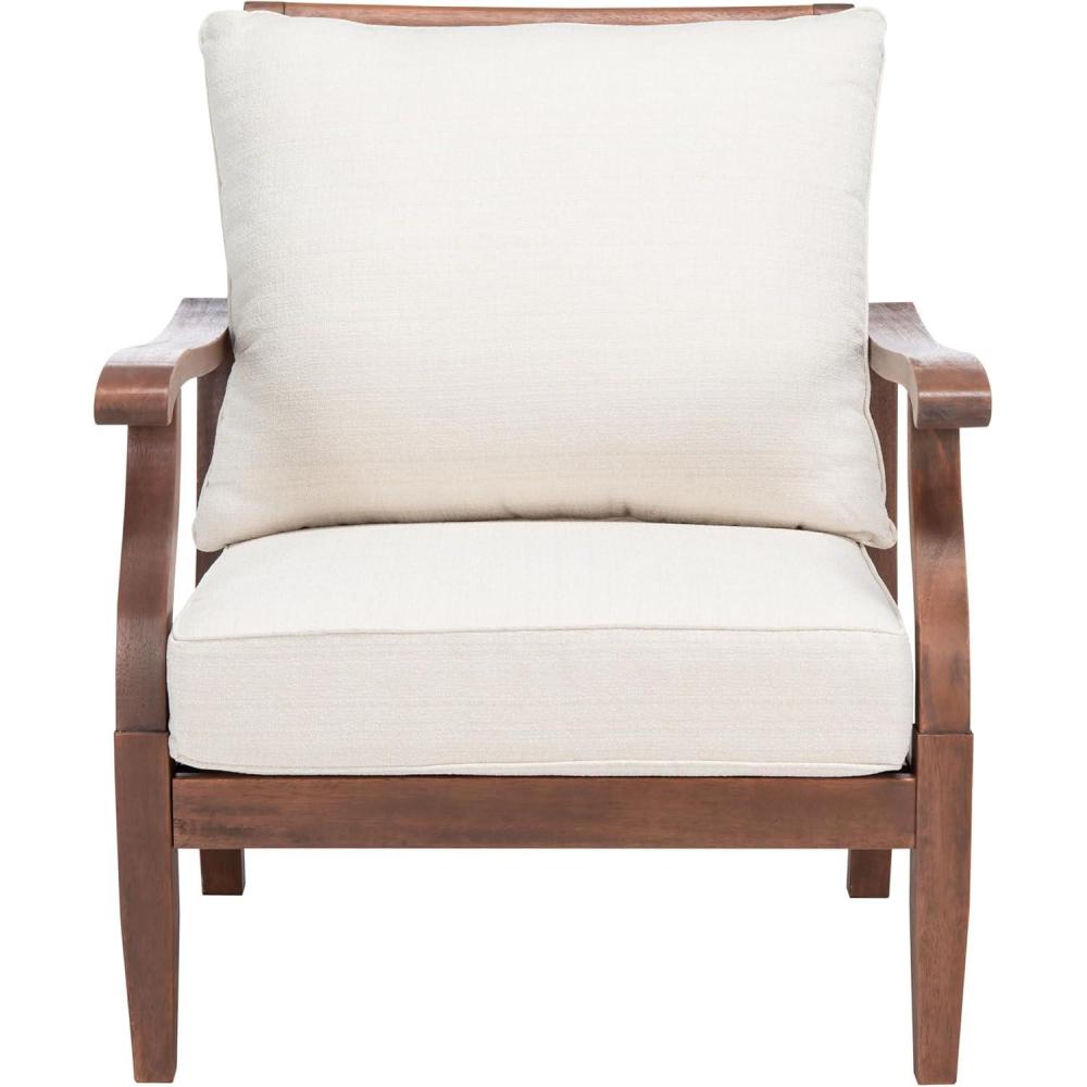 image:imageSAFAVIEH Couture Home Collection Payden Natural WoodBeige Cushion Outdoor Patio Sunroom Porch Backyard Veranda Accent Chair