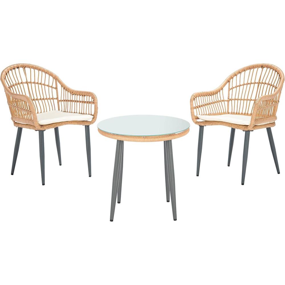 image:imageSAFAVIEH Outdoor Collection Berlen Natural RattanNavy Cushion 3Piece Patio Lounge Bistro Set with Table PAT9012BNatural Beige