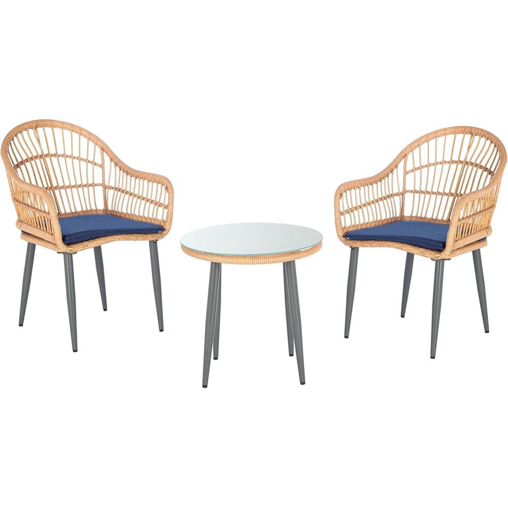 image:imageSAFAVIEH Outdoor Collection Berlen Natural RattanNavy Cushion 3Piece Patio Lounge Bistro Set with Table PAT9012BNatural Navy