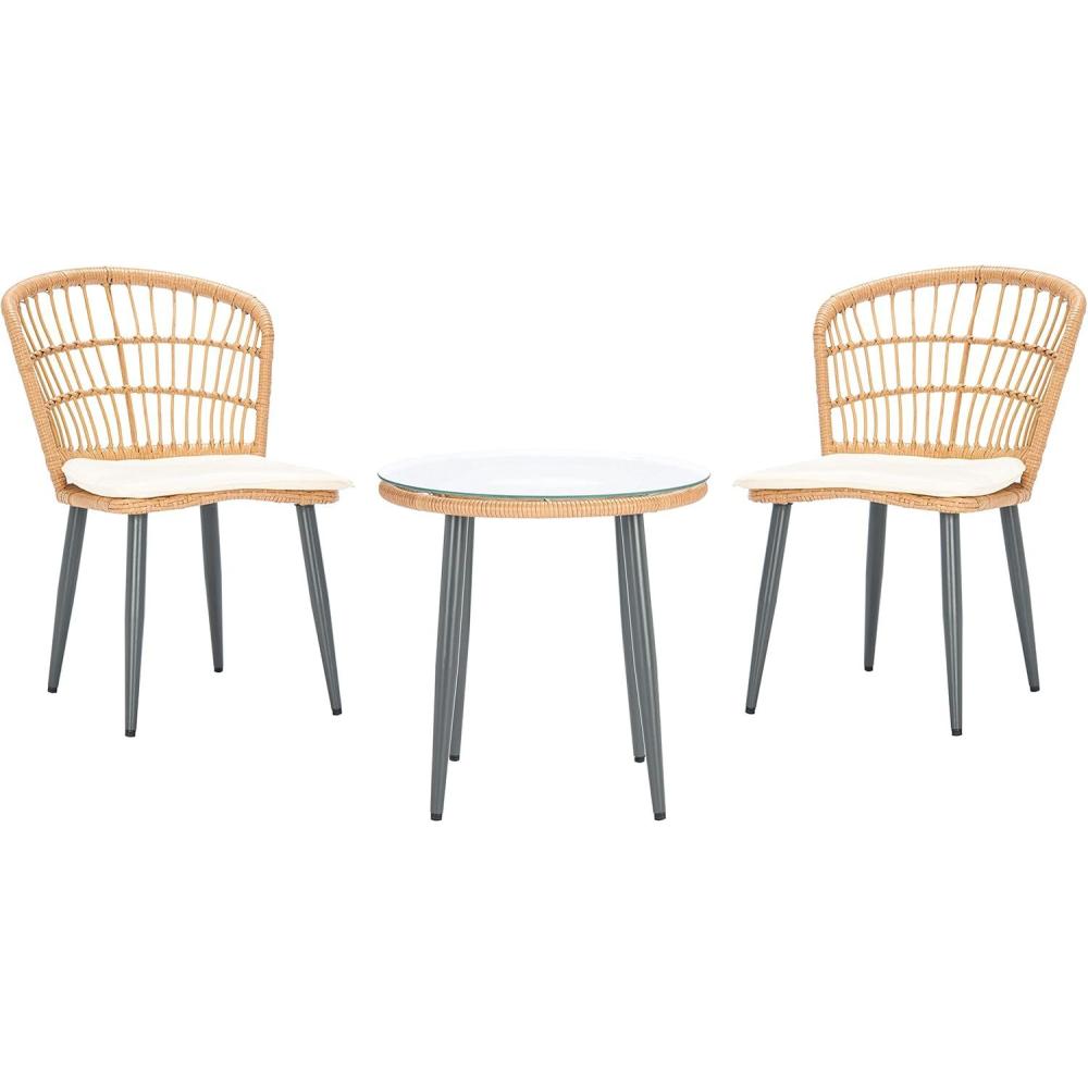 image:imageSAFAVIEH Outdoor Collection Prenza Natural RattanBeige Cushion 3Piece Patio Lounge Bistro Set with Table PAT9013ANatural Beige