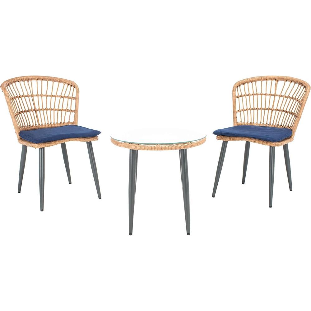image:imageSAFAVIEH Outdoor Collection Prenza Natural RattanBeige Cushion 3Piece Patio Lounge Bistro Set with Table PAT9013ANatural Navy