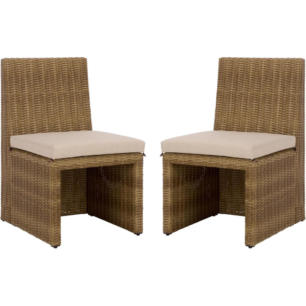 image:imageSAFAVIEH Outdoor Patio Furniture Collection Emma Rattan amp Cushion Dining Chair Modern Woven Outdoor Seating PAT7565NaturalTaupe