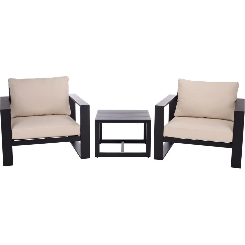 image:imageSAFAVIEH Outdoor Patio Furniture Collection Fash Black amp Taupe Cushion 3Piece Living Set Modern Outdoor Chairs amp Slatted Square Table PAT7552ABlackTaupe