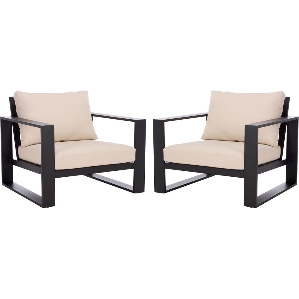 image:imageSAFAVIEH Outdoor Patio Furniture Collection Fash Cushion Aluminum Chair Modern Outdoor Armchairs with Cushions PAT7553BlackTaupe