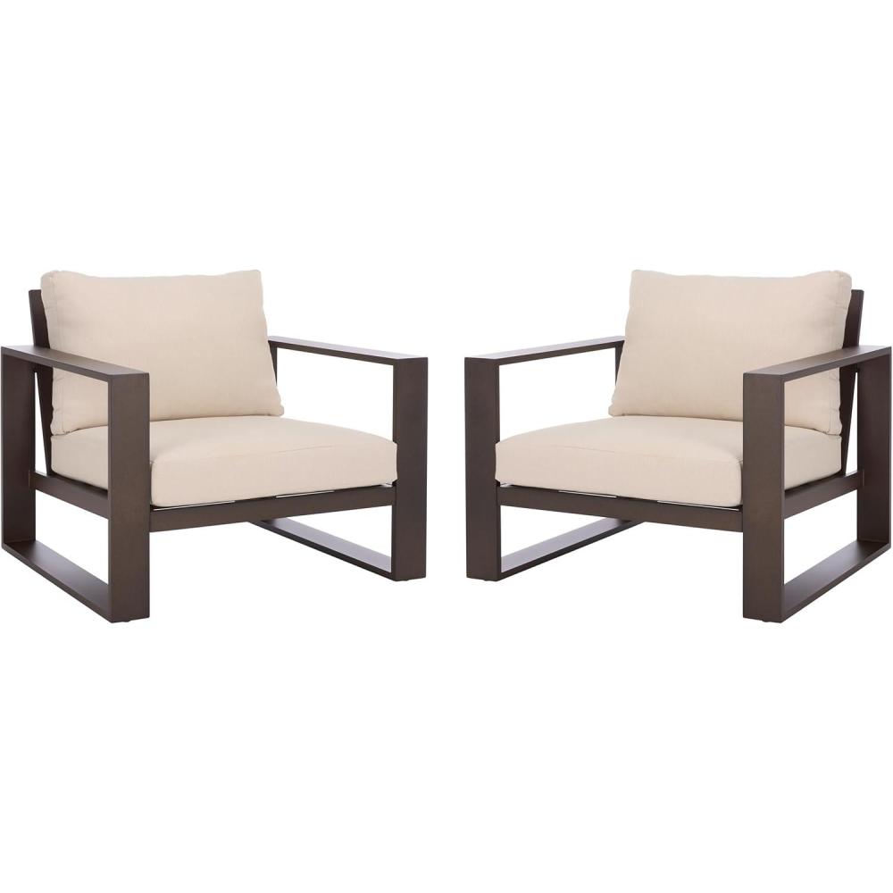 image:imageSAFAVIEH Outdoor Patio Furniture Collection  Fash Cushion Aluminum Chair Modern Outdoor Armchairs with Cushions PAT7553BrownTaupe
