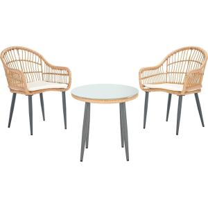 SAFAVIEH Outdoor Collection Berlen Natural Rattan/Navy Cushion 3-Piece Patio Lounge Bistro Set with Table (PAT9012B)(Natural / Beige)