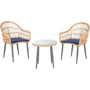 SAFAVIEH Outdoor Collection Berlen Natural Rattan/Navy Cushion 3-Piece Patio Lounge Bistro Set with Table (PAT9012B)(Natural / Navy)