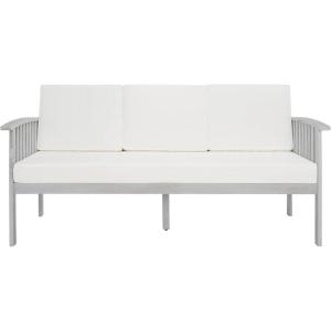 SAFAVIEH Outdoor Collection Finnick Natural Acacia Wood/Beige Cushion Bench(Grey/Beige)