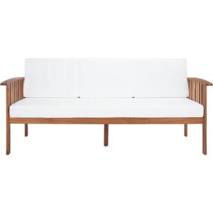 SAFAVIEH Outdoor Collection Finnick Natural Acacia Wood/Beige Cushion Bench(Natural/Beige)