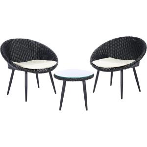 SAFAVIEH Outdoor Collection Merami Black Rattan/Beige Cushion 3-Piece Patio Lounge Bistro Set (PAT9017A)