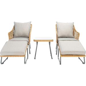 SAFAVIEH Outdoor Collection Narda Natural Grey/Grey Cushion 5-Piece Patio Chaise Lounge Set (PAT9018B-2BX)(Natural / Grey)