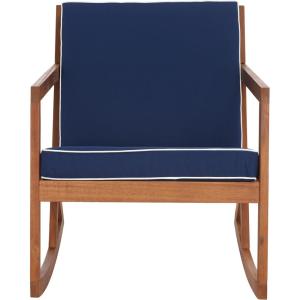 SAFAVIEH Outdoor Collection Vernon Natural/Beige Cushion with Black Piping Rocking Chair(Natural/Navy)
