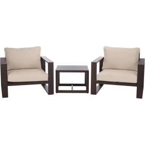 SAFAVIEH Outdoor Patio Furniture Collection – Fash Black & Taupe Cushion 3-Piece Living Set, Modern Outdoor Chairs & Slatted Square Table (PAT7552A)(Brown/Taupe)