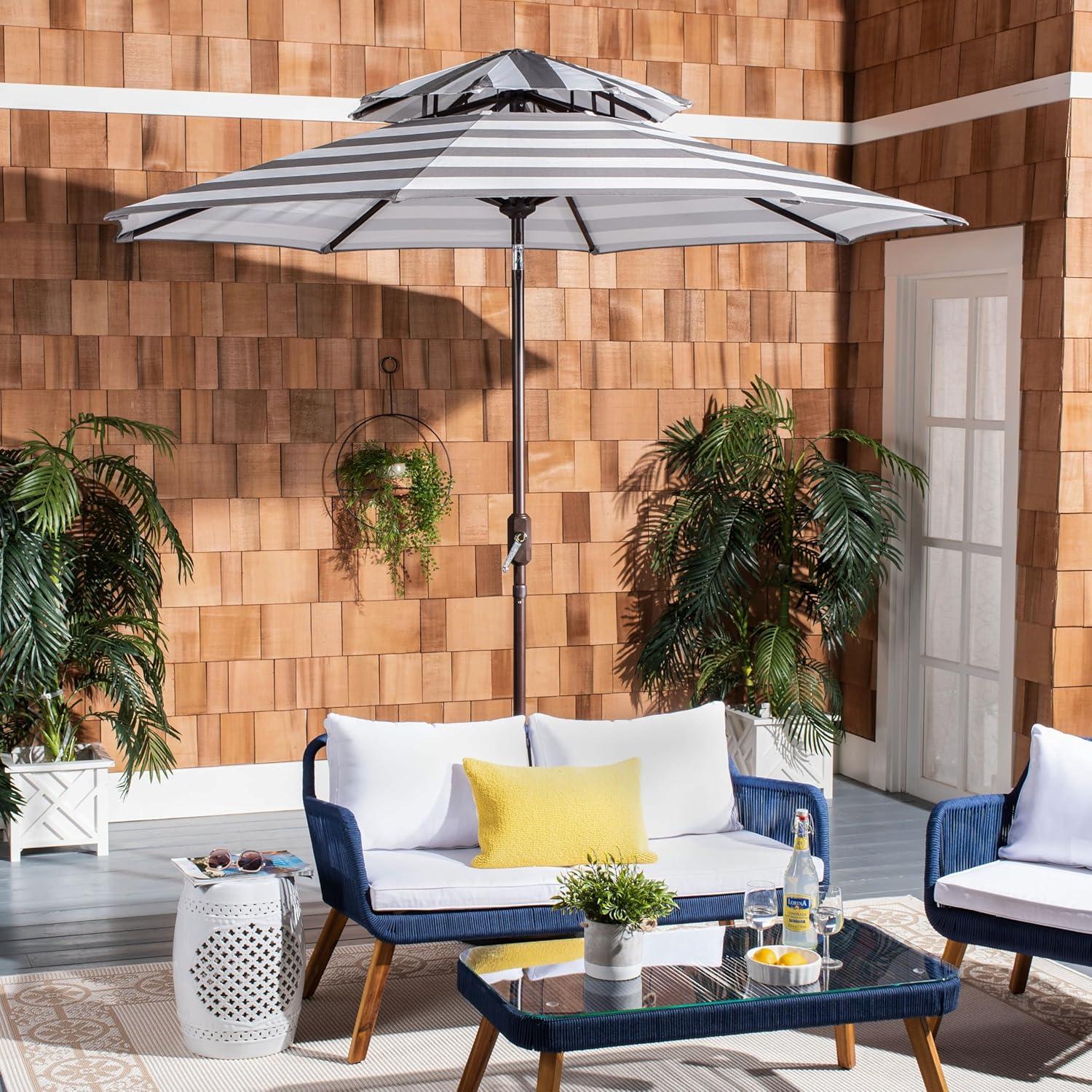 image:imageSAFAVIEH 9ft Outdoor Patio Umbrella Double Top Iris Collection Grey amp White Stripe Auto Crank Tilt UV Resistant for Deck Backyard Poolside PAT8204DGrey White