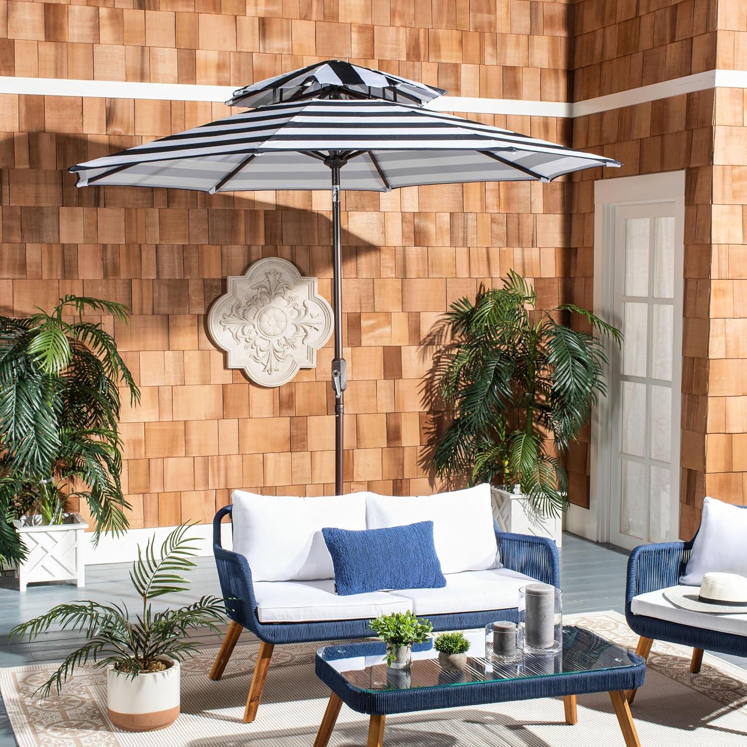 image:imageSAFAVIEH 9ft Outdoor Patio Umbrella Double Top Iris Collection Grey amp White Stripe Auto Crank Tilt UV Resistant for Deck Backyard Poolside PAT8204DNavy White