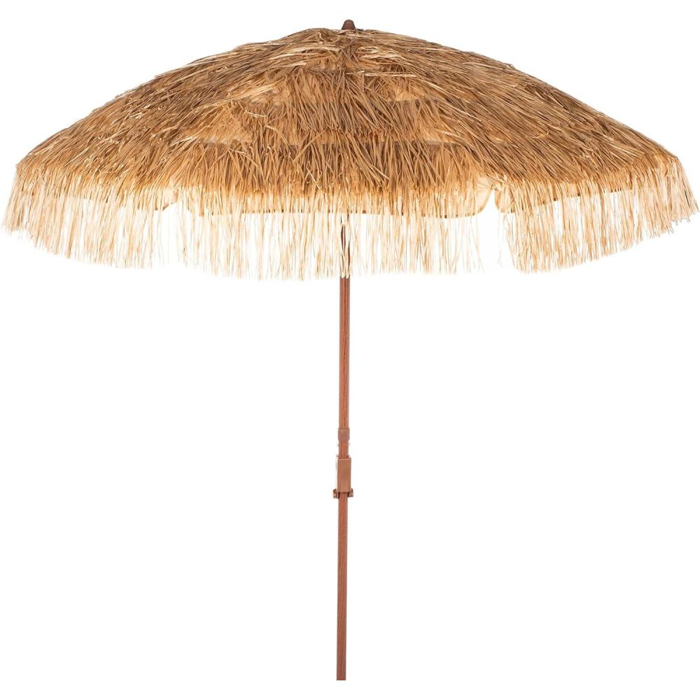 image:imageSAFAVIEH 65ft Outdoor Patio Umbrella Hilo Collection Tiki Brown Button Tilt UV Resistant for Deck Backyard Poolside PAT8512A