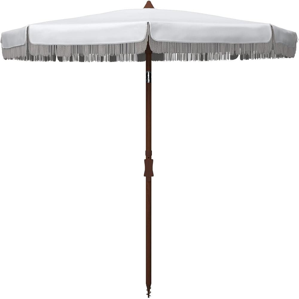 image:imageSAFAVIEH 65ft Outdoor Patio Umbrella Round Estonia Collection Fringe Trim Light Blue Button Tilt UV Resistant for Deck Backyard Poolside PAT8500CWhite