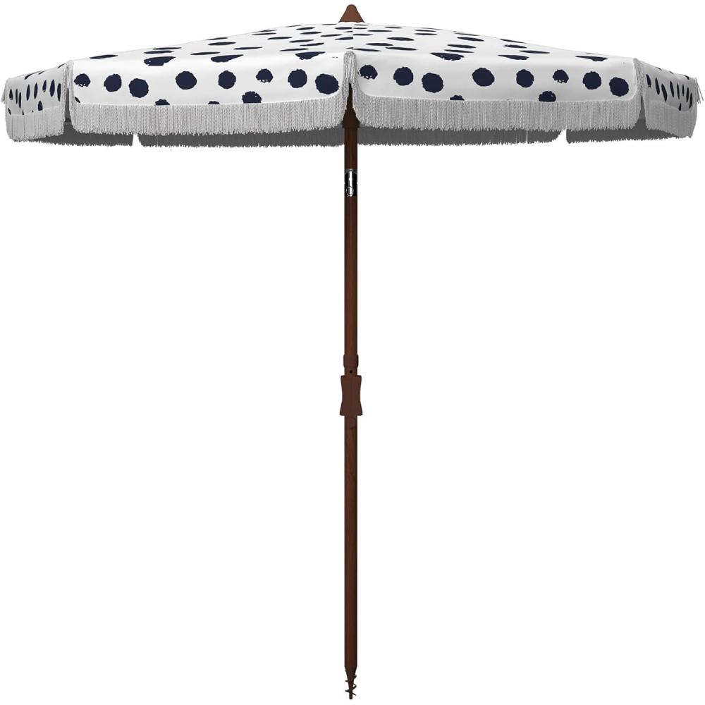 image:imageSAFAVIEH 65ft Outdoor Patio Umbrella Round Sydney Collection White amp Light Blue Polka Dot Print Fringe Trim Button Tilt UV Resistant for Deck Backyard Poolside PAT8502CWhite Navy