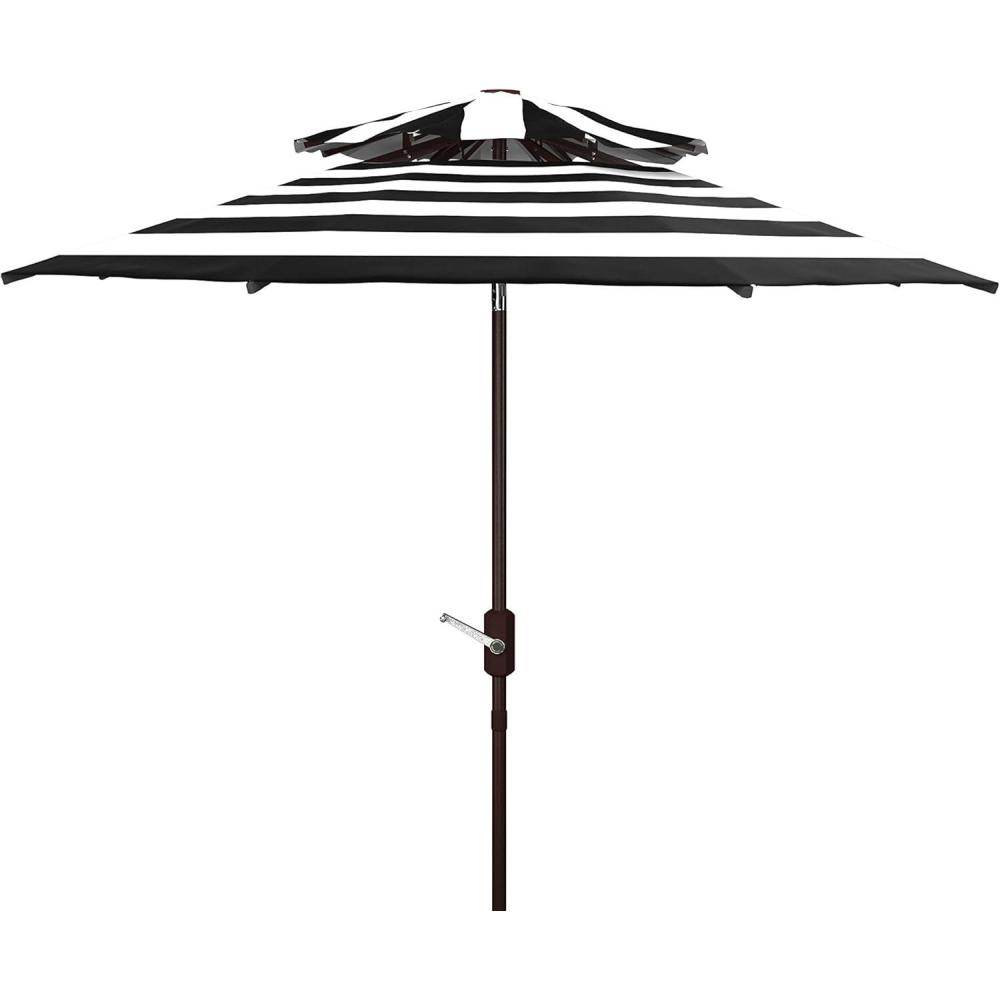 image:imageSAFAVIEH 9ft Outdoor Patio Umbrella Double Top Iris Collection Grey amp White Stripe Auto Crank Tilt UV Resistant for Deck Backyard Poolside PAT8204DBlack White