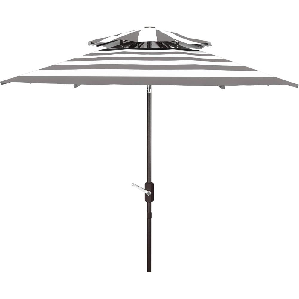 image:imageSAFAVIEH 9ft Outdoor Patio Umbrella Double Top Iris Collection Grey amp White Stripe Auto Crank Tilt UV Resistant for Deck Backyard Poolside PAT8204DGrey White