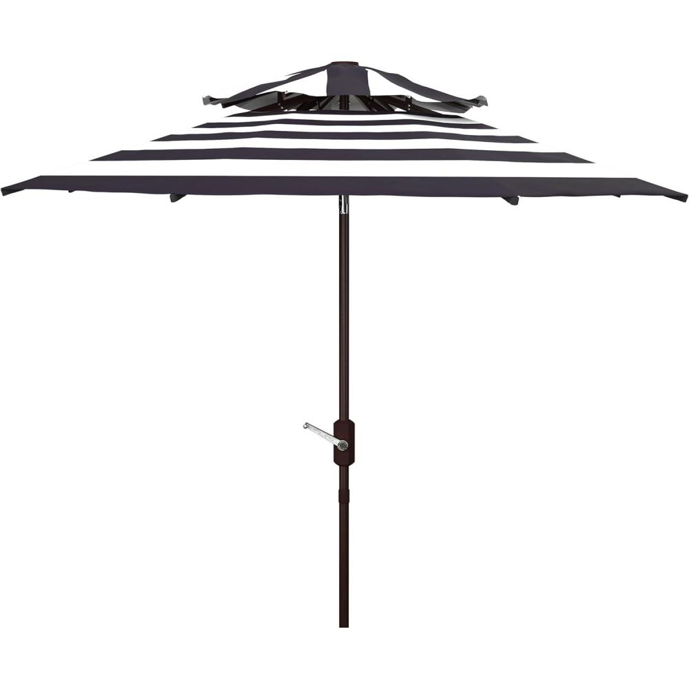 image:imageSAFAVIEH 9ft Outdoor Patio Umbrella Double Top Iris Collection Grey amp White Stripe Auto Crank Tilt UV Resistant for Deck Backyard Poolside PAT8204DNavy White