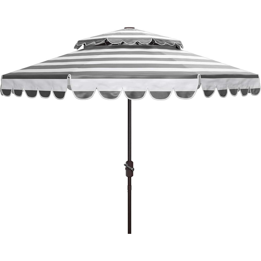 image:imageSAFAVIEH 9ft Outdoor Patio Umbrella Double Top Vienna Collection Beige amp White Stripe Scallop Edge Crank Button Tilt UV Resistant for Deck Backyard Poolside PAT8211ABlack  White