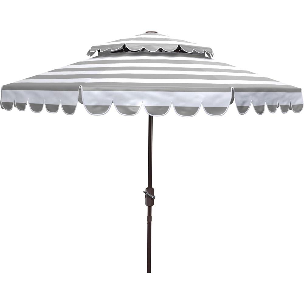 image:imageSAFAVIEH 9ft Outdoor Patio Umbrella Double Top Vienna Collection Beige amp White Stripe Scallop Edge Crank Button Tilt UV Resistant for Deck Backyard Poolside PAT8211AGrey  White