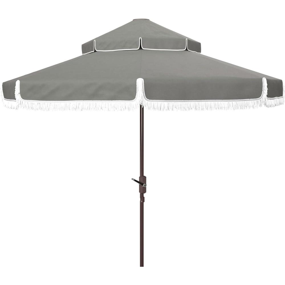 image:imageSAFAVIEH 9ft Outdoor Patio Umbrella Round Double Top Milan Fringe Red amp White Crank Button Tilt UV Resistant for Deck Backyard Poolside PAT8208EGray