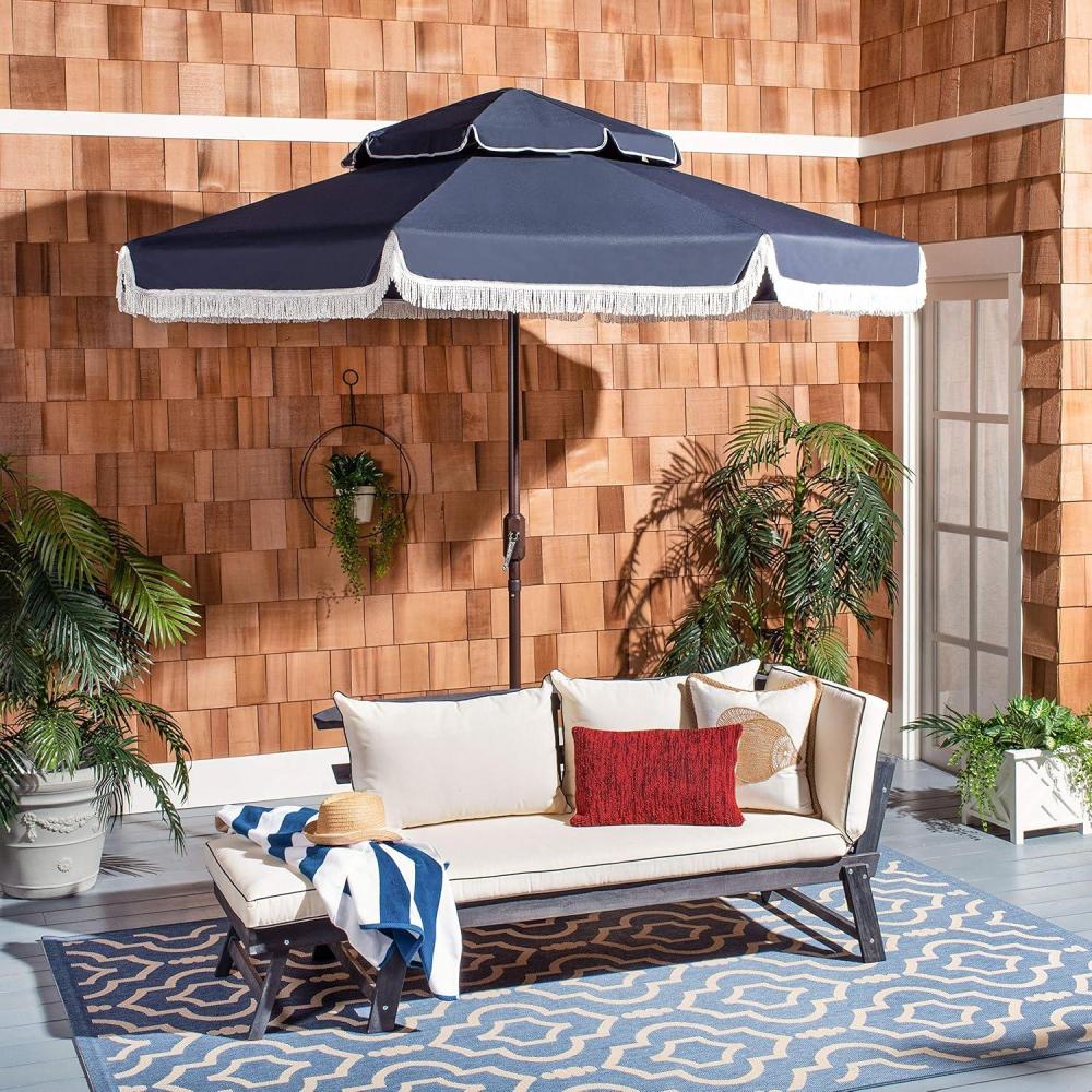 image:imageSAFAVIEH 9ft Outdoor Patio Umbrella Round Double Top Milan Fringe Red amp White Crank Button Tilt UV Resistant for Deck Backyard Poolside PAT8208ENavyWhite