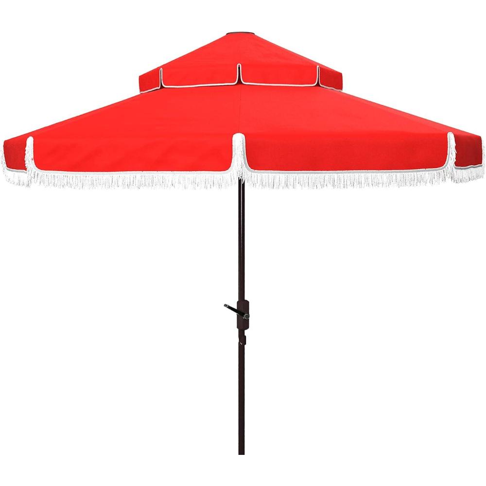 image:imageSAFAVIEH 9ft Outdoor Patio Umbrella Round Double Top Milan Fringe Red amp White Crank Button Tilt UV Resistant for Deck Backyard Poolside PAT8208ERed