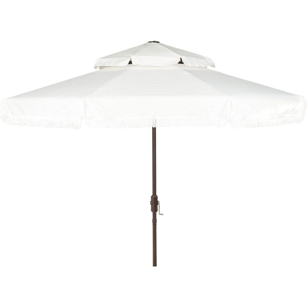 image:imageSAFAVIEH 9ft Outdoor Patio Umbrella Round Double Top Milan Fringe Red amp White Crank Button Tilt UV Resistant for Deck Backyard Poolside PAT8208EWhite
