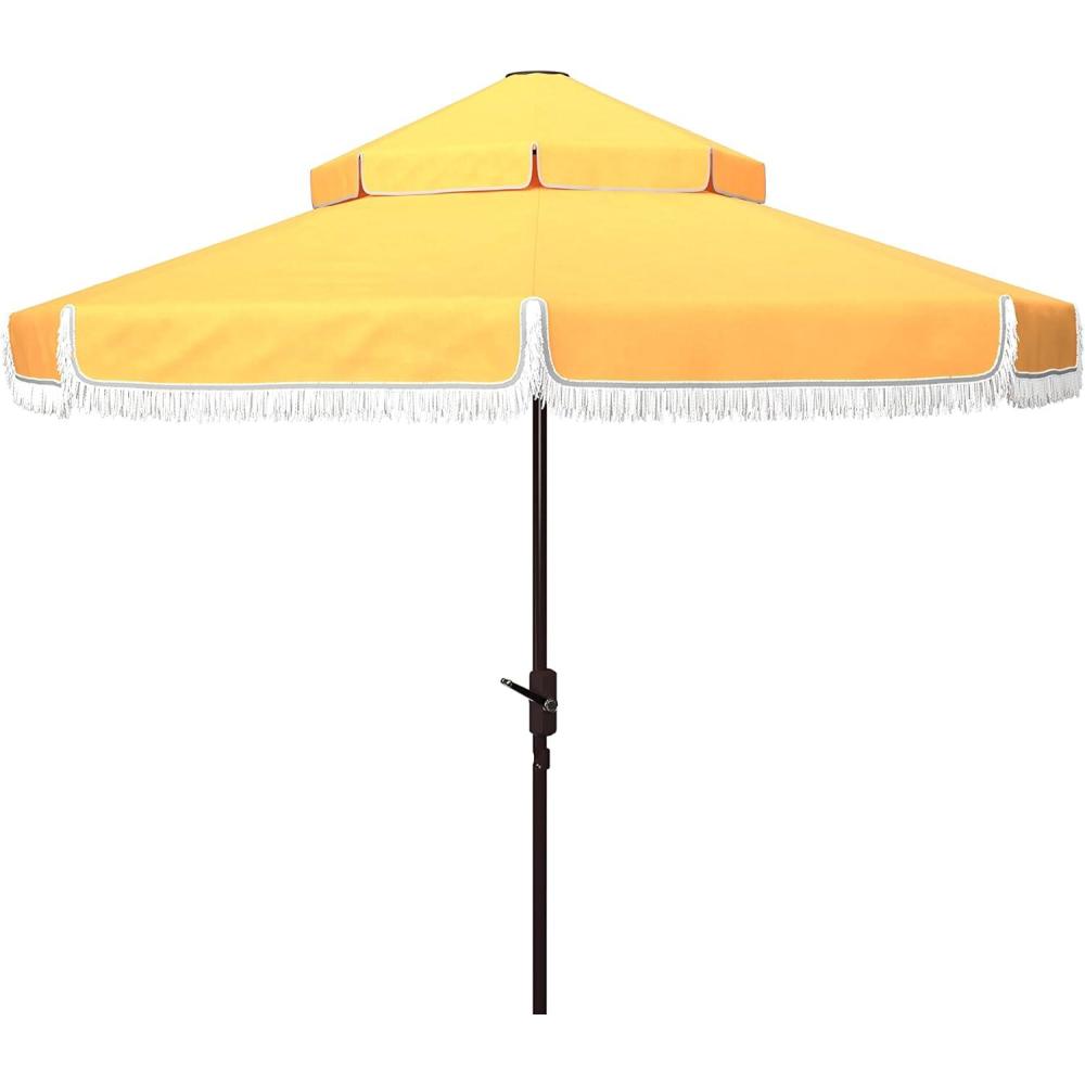 image:imageSAFAVIEH 9ft Outdoor Patio Umbrella Round Double Top Milan Fringe Red amp White Crank Button Tilt UV Resistant for Deck Backyard Poolside PAT8208EYellow