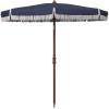 SAFAVIEH 6.5ft Outdoor Patio Umbrella, Round, Estonia Collection, Fringe Trim, Light Blue, Button Tilt, UV Resistant for Deck, Backyard, Poolside (PAT8500C)(Navy)