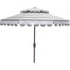 SAFAVIEH 9ft Outdoor Patio Umbrella, Double Top, Vienna Collection, Beige & White Stripe, Scallop Edge, Crank, Button Tilt, UV Resistant for Deck, Backyard, Poolside (PAT8211A)(Grey / White)