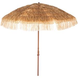 SAFAVIEH 6.5ft Outdoor Patio Umbrella, Hilo Collection, Tiki, Brown, Button Tilt, UV Resistant for Deck, Backyard, Poolside (PAT8512A)