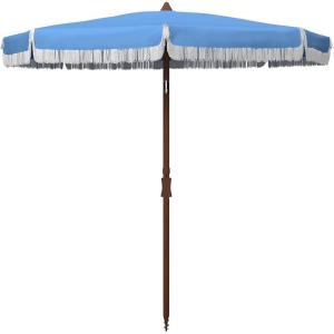 SAFAVIEH 6.5ft Outdoor Patio Umbrella, Round, Estonia Collection, Fringe Trim, Light Blue, Button Tilt, UV Resistant for Deck, Backyard, Poolside (PAT8500C)(Blue)