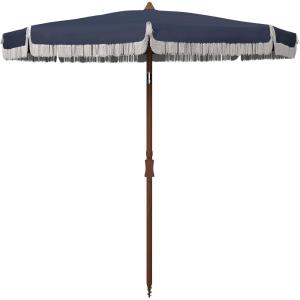 SAFAVIEH 6.5ft Outdoor Patio Umbrella, Round, Estonia Collection, Fringe Trim, Light Blue, Button Tilt, UV Resistant for Deck, Backyard, Poolside (PAT8500C)(Navy)