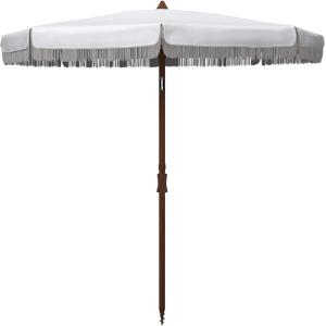 SAFAVIEH 6.5ft Outdoor Patio Umbrella, Round, Estonia Collection, Fringe Trim, Light Blue, Button Tilt, UV Resistant for Deck, Backyard, Poolside (PAT8500C)(White)