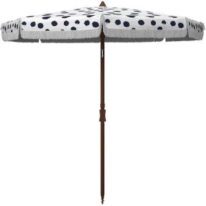 SAFAVIEH 6.5ft Outdoor Patio Umbrella, Round, Sydney Collection, White & Light Blue, Polka Dot Print, Fringe Trim, Button Tilt, UV Resistant for Deck, Backyard, Poolside (PAT8502C)(White / Navy)