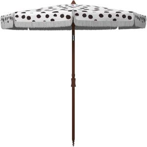 SAFAVIEH 6.5ft Outdoor Patio Umbrella, Round, Sydney Collection, White & Light Blue, Polka Dot Print, Fringe Trim, Button Tilt, UV Resistant for Deck, Backyard, Poolside (PAT8502C)(White / Black)
