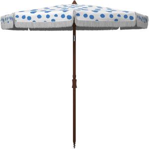 SAFAVIEH 6.5ft Outdoor Patio Umbrella, Round, Sydney Collection, White & Light Blue, Polka Dot Print, Fringe Trim, Button Tilt, UV Resistant for Deck, Backyard, Poolside (PAT8502C)(White / Blue)