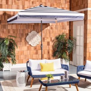 SAFAVIEH 7.5ft Outdoor Patio Umbrella, Square, Elsa Collection, Black & White Stripe, Auto Crank Tilt, UV Resistant for Deck, Backyard, Poolside (PAT8403A)(Navy / White)