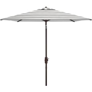 SAFAVIEH 7.5ft Outdoor Patio Umbrella, Square, Iris Collection, Navy & White Stripe, Auto Crank Tilt, UV Resistant for Deck, Backyard, Poolside (PAT8404B)(Grey / White)