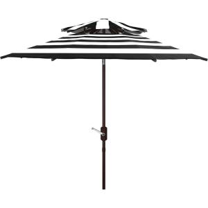 SAFAVIEH 9ft Outdoor Patio Umbrella, Double Top, Iris Collection, Grey & White Stripe, Auto Crank Tilt, UV Resistant for Deck, Backyard, Poolside (PAT8204D)(Black / White)