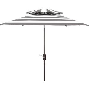 SAFAVIEH 9ft Outdoor Patio Umbrella, Double Top, Iris Collection, Grey & White Stripe, Auto Crank Tilt, UV Resistant for Deck, Backyard, Poolside (PAT8204D)(Grey / White)