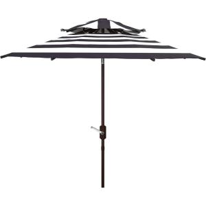 SAFAVIEH 9ft Outdoor Patio Umbrella, Double Top, Iris Collection, Grey & White Stripe, Auto Crank Tilt, UV Resistant for Deck, Backyard, Poolside (PAT8204D)(Navy / White)