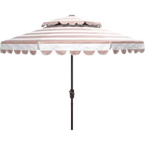 SAFAVIEH 9ft Outdoor Patio Umbrella, Double Top, Vienna Collection, Beige & White Stripe, Scallop Edge, Crank, Button Tilt, UV Resistant for Deck, Backyard, Poolside (PAT8211A)(Beige/White)