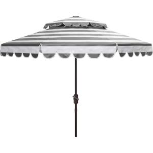 SAFAVIEH 9ft Outdoor Patio Umbrella, Double Top, Vienna Collection, Beige & White Stripe, Scallop Edge, Crank, Button Tilt, UV Resistant for Deck, Backyard, Poolside (PAT8211A)(Black / White)